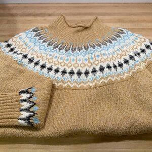 LL Bean Women's Fair Isle Crewneck Sweater - Tan and Blue